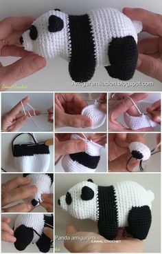 crocheted panda bear with black and white stripes on it's face, showing how to make the pattern