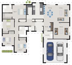 a floor plan with two cars parked in it