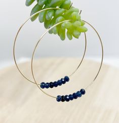 Natural navy blue gemstone hoop earrings, beaded hoop earrings, dainty bead hoop earrings, dangle gold earrings, hoop beaded earrings, big hoop earrings, hoop earrings, 16k gold plated hoop These hoop earrings are so chic to show off your style by wearing them with your hair tucked or low in bun. They are perfect for daily wear in the office or a night on the town.  Earrings are enlarge to show details and colors might vary depend on each computer monitor or cell phone screen.  Each piece will b 14k Gold Filled Beaded Hoop Earrings, Blue Small Hoop Wire Wrapped Earrings, Blue Wire Wrapped Small Hoop Earrings, Small Blue Wire Wrapped Hoop Earrings, Everyday Blue Hoop Earrings, Blue Wire Wrapped Hoop Earrings For Everyday, Everyday Blue Wire Wrapped Hoop Earrings, Handmade Blue Hoop Earrings In 14k Gold Filled, Handmade Blue 14k Gold Filled Hoop Earrings