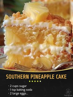 a close up of a piece of cake with pineapple toppings on a plate