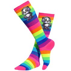 Girls glitter Panda roller skate socks neon rainbow knee-high socks trendy fun socks for a girly birthday party.  They're back in style and more fun than ever. Pull that brand-new skirt out of her closet and add these snuggly accessories. When you want your girl to be warm while looking sweet. Fun roller skate socks to wear for any occasion we've added fun glitter Pandas on skates.  How to Order Pick Socks by Age Group: Age groups 1-3 and 4-6 contain slip grip bottoms.  Girls Ages 9-11 Girls Age Skating Party Favors, Skate Party Favors, Girly Birthday Party, Roller Skating Party, Skating Party, Dark Rainbow, Slime Party, Girls Personalized Gifts, Roller Skaters