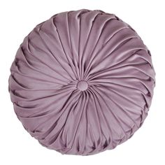 a round pillow with pleated fabric on the top and bottom in lilac color