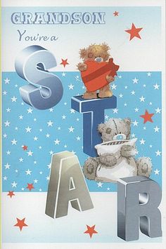 a greeting card with teddy bears and letters