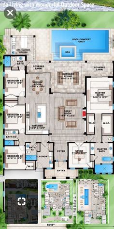 a floor plan for a house with swimming pool and hot tubs in the middle