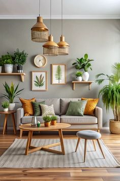 a living room filled with furniture and potted plants