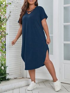 Plus Size Women Summer Solid Color Neckline Cross Straight Casual T-Shirt Dress Navy Blue Casual  Short Sleeve Fabric Plain Tee Slight Stretch  Women Plus Clothing, size features are:Bust: ,Length: ,Sleeve Length: Side Split Dress, Big Size Dress, Sukienki Plus Size, Vestido Plus Size, Stil Elegant, Solid Color Dress, Plus Size Kleidung, Inspiration Mode, Tee Dress