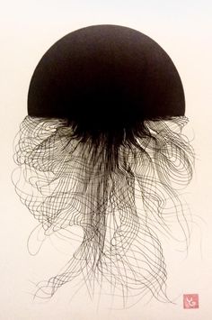 a black and white photo of a jellyfish's head with its hair in the air