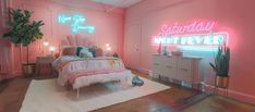 a pink bedroom with neon lights and a bed in the corner that says, saturday night fever