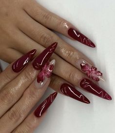 Purple Red Nails Acrylic, Burgundy Nails With 3d Flower, Red Fall Nails Designs, Burgundy Flower Nails, Fall Red Nails Designs, Wine Red Nails Acrylic, Red Nails 2024, Red Flowers Nails, Red Nails Flower