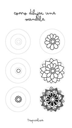 four circles with flowers and the words, como dibujo una mandela