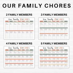 four family chores cards with the words, our family choress and their names on them