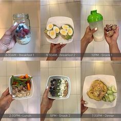 there are many pictures of different foods in the same bowl and one is holding a shaker