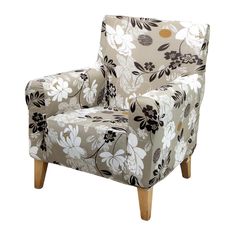 an upholstered chair with floral fabric and wooden legs, on a white background