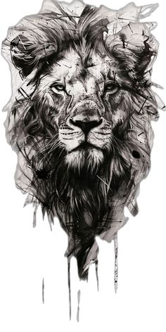 a black and white drawing of a lion's head with paint splatters on it