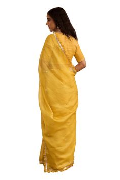 Yellow sheer woven textured saree with marori embroidered butti patterns and pleated lace border. Comes with blouse. - Aza Fashions Embroidered Saree, Blouse For Women, Lace Border, Saree With Blouse, Embroidered Silk, Aza Fashion, Types Of Sleeves, Blouses For Women, Saree