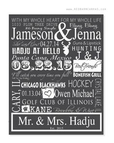 a poster with the names and date for each couple's wedding day in black and white