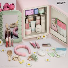 an open pink box containing cosmetics and personal care items