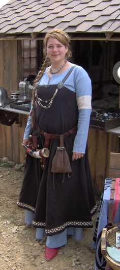 Blue and brown Viking dress  pretty! Sleeveless Viking Dress, Viking Style Tunic Medieval Dress For Larp, Viking Apron Dress Embroidery, Viking Female, Viking Apron Dress Medieval Collectibles, Linen Viking Dress, Viking Outfit, Viking Apron Dress, Norse Clothing