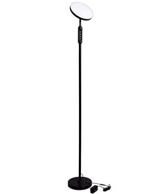 a black floor lamp with a white light on the top and two lights on the bottom