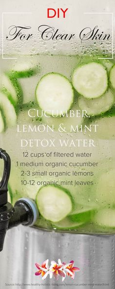 5 detox water recipes for maintaining a healthy clear skin! Discover DIY beauty recipes and natural skin care tips at http://www.purefiji.com/blog/drink-clear-glowing-skin/ | Spa Water Diy Detox Cleanse, Mint Detox Water, Fruit Detox, Smoothie Detox, Fruit Infused Water, Spa Water