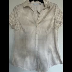 Tan And White Checkered Shirt Women Ruffle Blouse, Tan Blouse, Purple Collar, Black And White Shirt, Printed Sleeveless Top, Checkered Shirt, New York And Company, Sheer Sleeves, Shirt Color