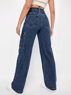 For casual days that call for style and substance, slip into these High Waist Cargo Jeans! Made from durable denim, they have a flattering high waist and a zipper fly. Plus, loads of pockets for all your stuff, look fly and stay organized at the same time. Comfy, stylish, and just a little bit sassy - these jeans truly have it all. Details: Pattern Type: Plain Type: Straight Leg Jeans Style: Cargo Pants Waist Line: High Waist Length: Long Fit Type: Loose Fabric: Non-Stretch Material: Denim Compo Trendy High Waist Jeans With Zip Fly, High Waist Denim Jeans With Zip Fly, Trendy Dark Wash Jeans With Zip Fly, Casual High Waist Jeans With Zip Fly, Trendy High Rise Jeans With Zip Fly, High Waist Flare Jeans With Zip Fly, Denim Pants With Straight Leg And Zip Fly, Trendy Denim Blue Bottoms With Zip Fly, Straight Leg Denim Pants With Zip Fly