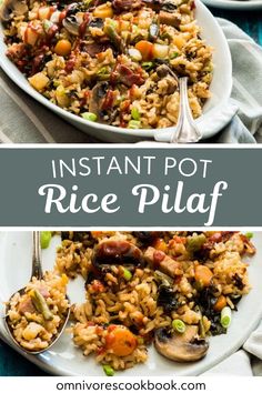 instant pot rice pilaf on a plate with spoons next to it and the title overlay reads instant pot rice pilaf