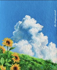 a painting of sunflowers and clouds in the sky