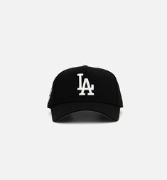 the los angeles dodgers baseball cap is black with white letters on it, and has a logo