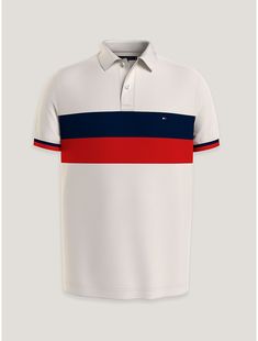 Tommy Hilfiger men's polo. Spun from a bubble stitch jacquard weave, our classic polo has a soft, textured hand feel, and features colorblock stripes at the chest.  Material: 100% Transitional Cotton ,  In-conversion. Bubble Stitch, Jacquard Weave, Tommy Hilfiger Man, Men's Polo, Sweater Top, Color Blocking, Mens Polo, Tommy Hilfiger, Stripes