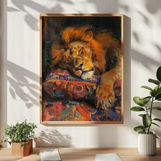 a painting of a lion laying on top of a book next to a potted plant