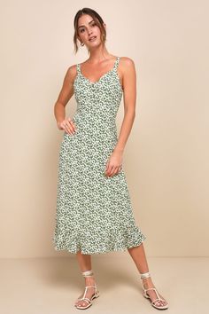 The Lulus Darling Daisies Green Floral Print Midi Dress has us dreaming of sunny days spent picking flowers! Lightweight, woven fabric, in a ditsy white, yellow, and blue daisy floral print, falls from wide straps, into a button-front triangle bodice and a midi skirt with a high, fitted waist and ruffle trimmed hem. Tying detail at back allows a custom fit. Hidden side zipper. Skirt Outfit Inspiration, Green Floral Print Dress, Midi Skirt Spring, Casual Sundress, Picking Flowers, Midi Skirt Outfit, Green Floral Print, Blue Daisy, Adhesive Bra