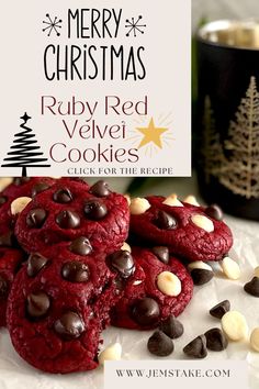 Ruby Red Velvet Cookies with a decorative Christmas background. Red Velvet Christmas Cookies, Holiday Cookies Thanksgiving, Cookies 2023, Velvet Cookies, Red Velvet Cookies, Christmas Food Desserts, 2023 Christmas, Christmas Cooking