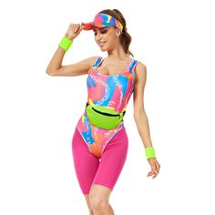 PRICES MAY VARY. 🌴【Retro Workout Costume Set】: The package includes 1 piece of pink leotard, 1 piece of pink legging, 1 pair of neon wristbands, 1 Sun visor, 1 piece of fanny pack,full of the retro atmosphere of the 80's, enough to meet your needs in the party collocation. 🌴【Material】: The 80s leotard is made of 90% polyester and 10% spandex, and the short pink legging is made of 47% Modal,47% Cotton and 6% spandex, soft and elastic. 🌴【Stretchy and Comfortable】: these 80s workout costumes fea 80 Fitness Costume, 80s Workout Outfit Costumes, 90s Workout Outfit, Neon Workout Outfit 80s, Pink Fitted Fun Bodysuit, Pink Summer Unitard, Halloween Costumes 80s Workout, 80s Disco Outfit, Disco Outfit 70s