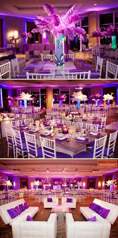 purple and white wedding reception setup with palm tree centerpiece