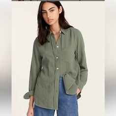 J.Crew Gauzy Linen Shirt. Moss (Olive Green) 2 New With Tags Everyday Khaki Fall Shirt, Everyday Fall Khaki Shirt, Casual Olive Long Sleeve Shirt, Everyday Khaki Shirt For Fall, Green Relaxed Button-up Top, Olive Long Sleeve Cotton Shirt, Olive Cotton Top With Pockets, Green Everyday Shirt With Pockets, Everyday Green Shirt With Pockets