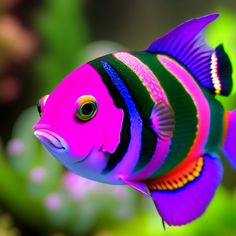 a colorful fish in an aquarium with green and purple algaes behind it's head