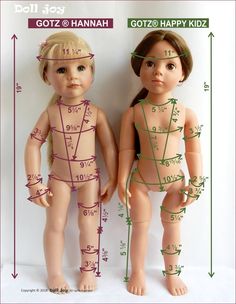 an image of two dolls with measurements for each doll's body and height chart