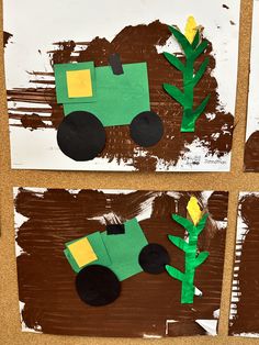 three pictures of paper cut out of construction vehicles and plants on the side of a wall