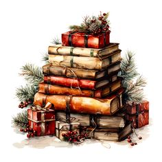 a christmas tree made out of books with presents around it and pine cones on top