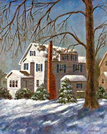 a painting of a house in winter with snow on the ground and trees around it