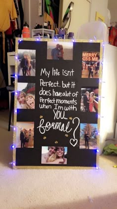 a sign that has been decorated with pictures and lights on it, which reads, my life isn't perfect but it does have out of perfect moments when i m