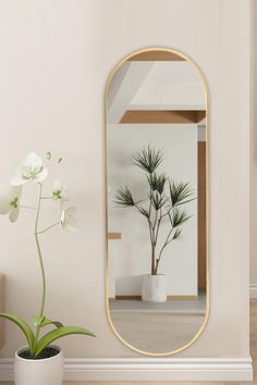 a mirror sitting on top of a wooden table next to a potted plant and white flowers