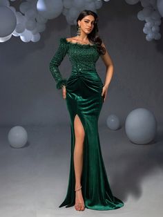 Plush Trim One Shoulder Split Thigh Formal Dress Dark Green Party  Long Sleeve Sequins Colorblock,Plain,All Over Print Bodycon Slight Stretch Fall/Winter Weddings & Events, size features are:Bust: ,Length: ,Sleeve Length: Dresses Emerald Green, Sparkle Decorations, Long Sleeve Prom, Effortless Hairstyles, Sequin Party Dress, Long Sleeve Sequin, Hair Makeover, Winter Weddings, Prom Dresses With Sleeves