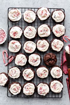 chocolate cupcakes with white frosting and candy canes on a cooling rack