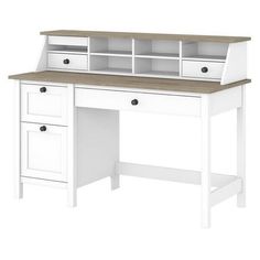 a white desk with two drawers and an open shelf