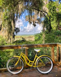 a yellow bicycle is parked on a wooden deck overlooking the water and trees with spanish moss hanging over it