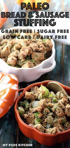 two bowls filled with bread and sausage stuffing next to an orange casserole dish