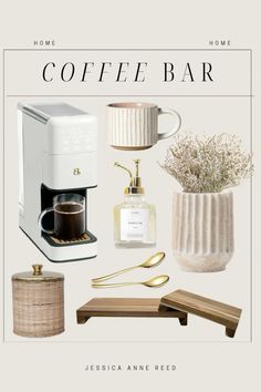 the coffee bar is surrounded by gold and white accessories, such as a vase with flowers