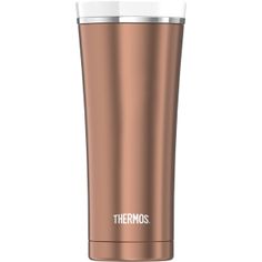 thermos travel mug in gold is shown on a white background, with no lid